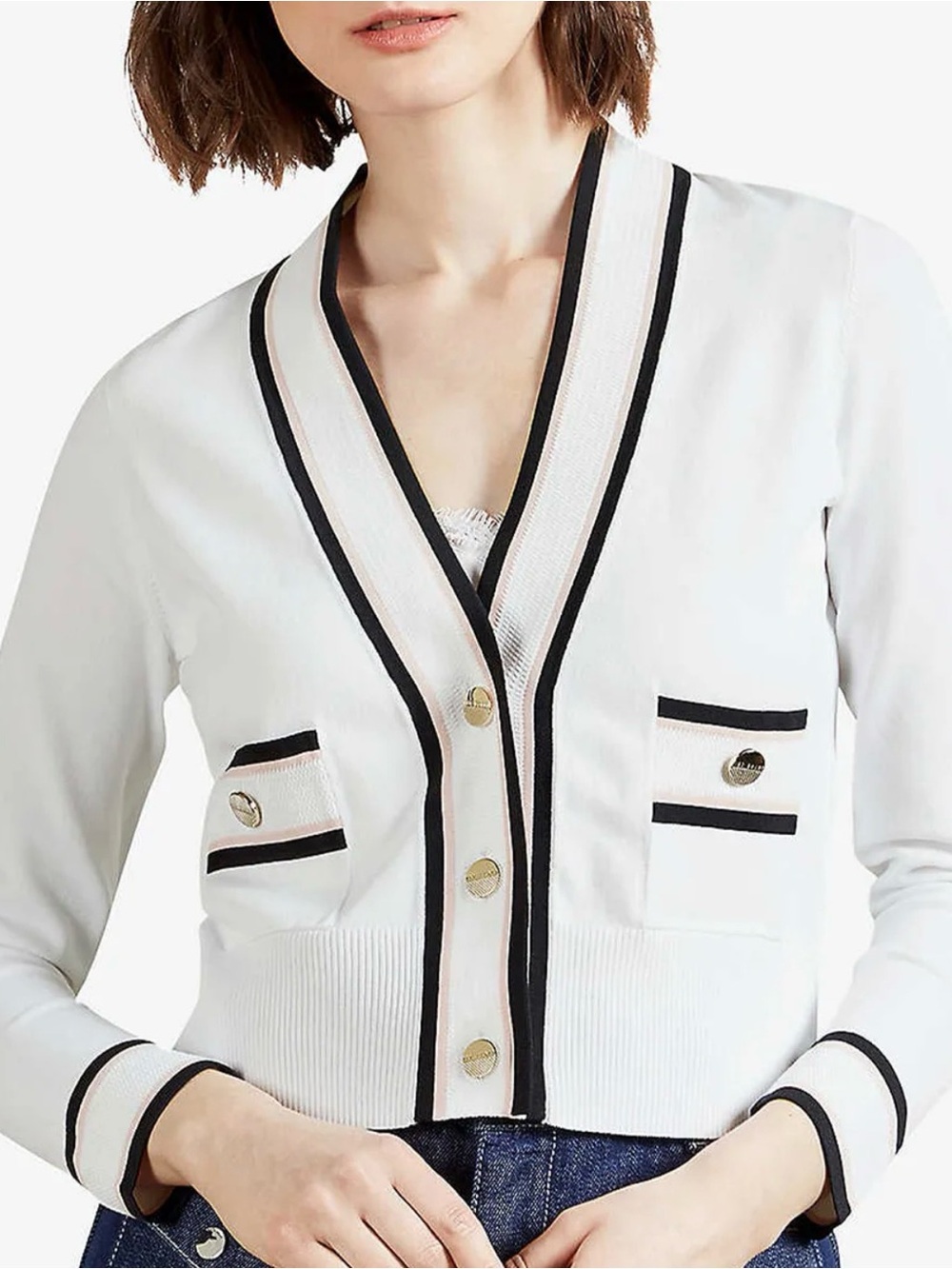Ted Baker White Cardigan Jacket with Black Trim and Gold Buttons